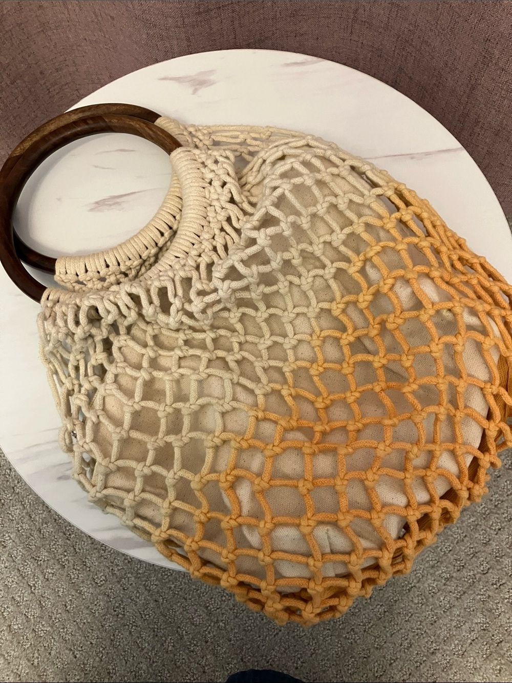 Nanette Lepore beige and gold Ombre Crochet purse with Wooden Ring Handles